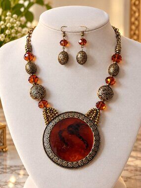 Brown circle pendant antique look necklace earring